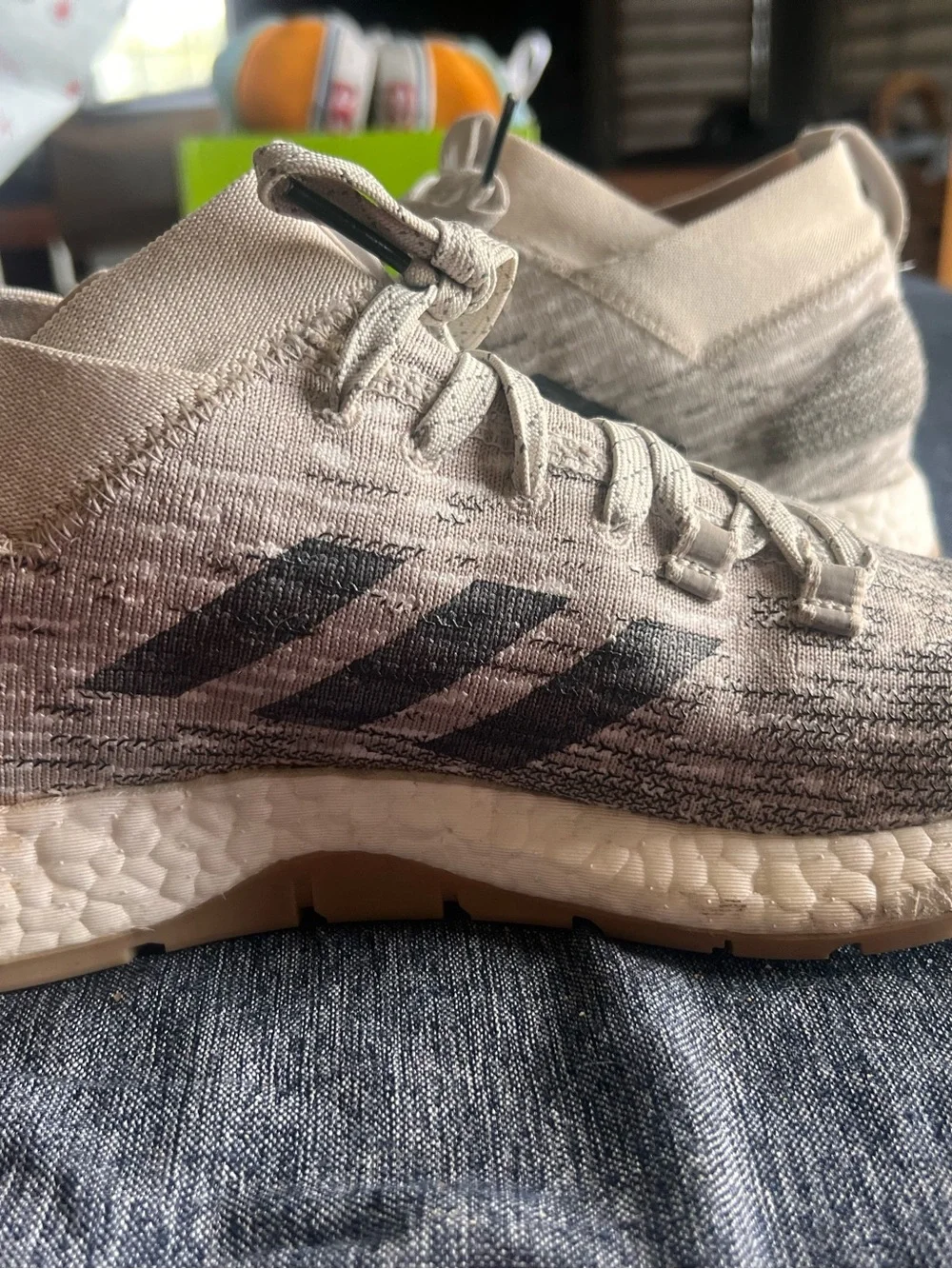 adidas Men’s Beige Knit Athletic Sneakers with Black Accents